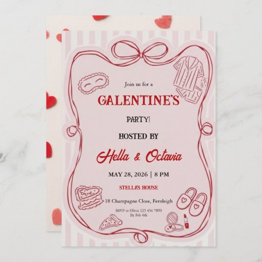 Galentine’s Party Invitation Printable, Pink & Red (Devant / Derrière)
