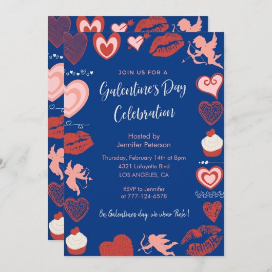 Galentine uitnodiging Moderne brunch roze en rood (Voorkant / Achterkant)