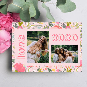Galentine's Day bloemrijk roze 2 foto collage xoxo Feestdagenkaart
