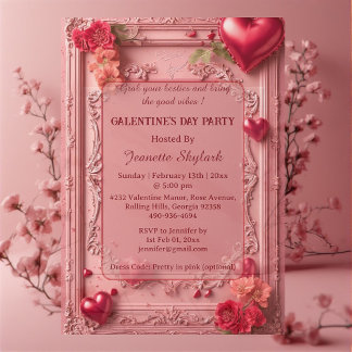 Galentines Day-feest Hart Bloemig Pastel Roze Wijn Acryl Uitnodigingen