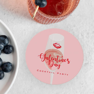Galentine's Day Party Waterverf Roze Rosé Ronde Kartonnen Onderzetter