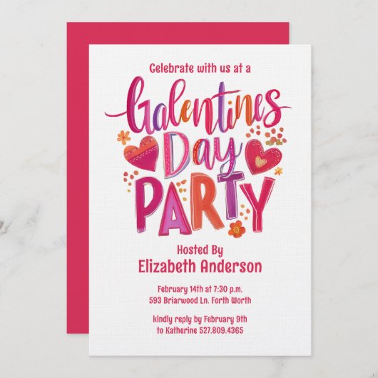 Galentines Day Red hand drawn Party Invitation (Devant / Derrière)