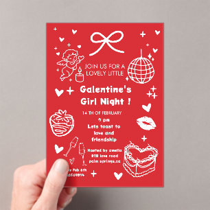 Galentine's Feest, Nacht Valentijn Hand Getekend Acryl Uitnodigingen