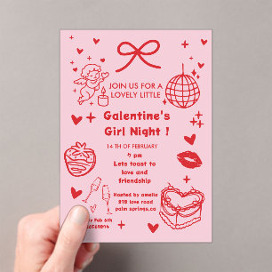 Galentine's Feest, Nacht Valentijn Handgetekend Acryl Uitnodigingen