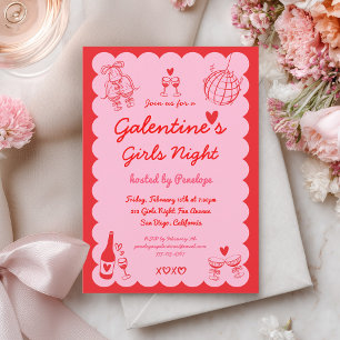 Galentine's Roze Rode Met de Hand Getekende Meisje Kaart