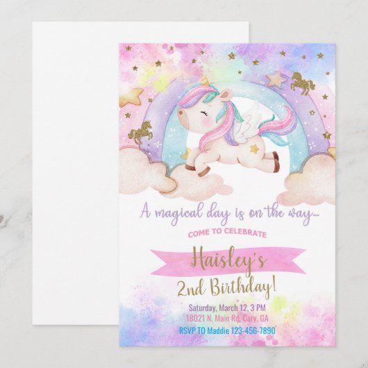 Galloping fille licorne invitation magique d'anniv (Devant / Derrière)
