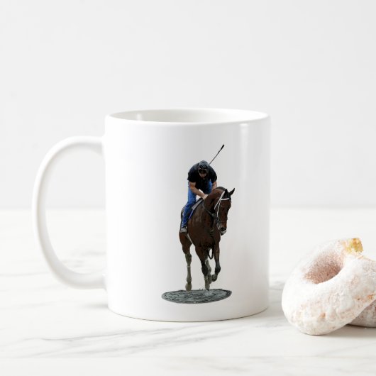 Galloping Thoroughbred Horse and Rider Coffee Mok (Met donut)