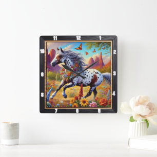 Galoping Paard Bloemen Decoratief Vierkante Klok