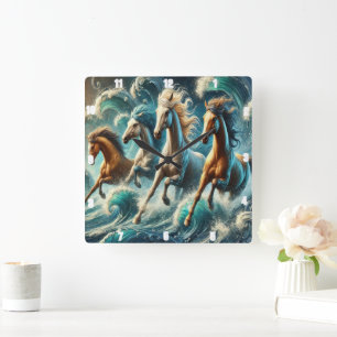 Galopperende paarden in de oceaan Art Vierkante Klok