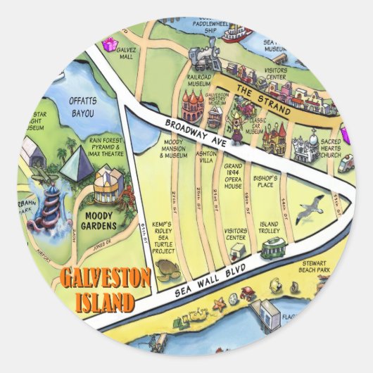 Galveston Texas Cartoon Map Ronde Sticker (Voorkant)