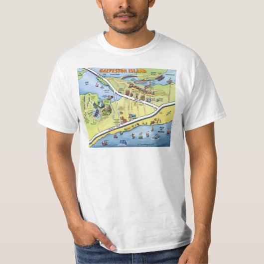 Galveston Texas Cartoon Map T-shirt (Voorkant)