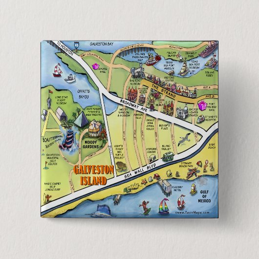 Galveston Texas Cartoon Map Vierkante Button 5,1 Cm (Voorkant)