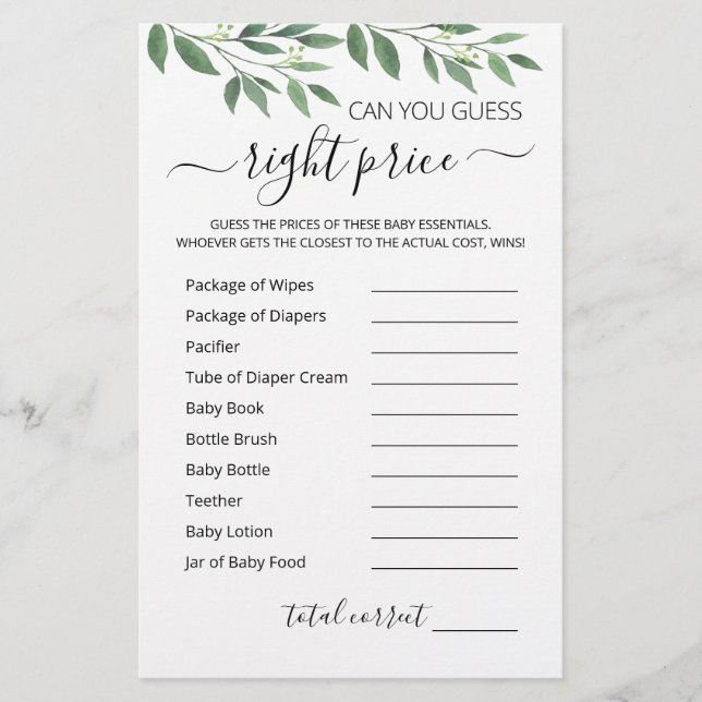 Game Baby shower game over de juiste prijs (Voorkant)