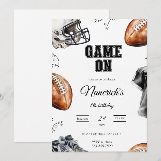 Game On Football Birthday Party Invitation Kaart (Voorkant / Achterkant)