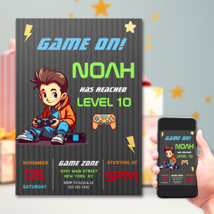 Game On Level Up Fun Video Game Birthday Party Kaart