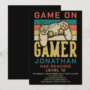 Game On Level Up Videospel Verjaardagsfeest Uitnod Kaart