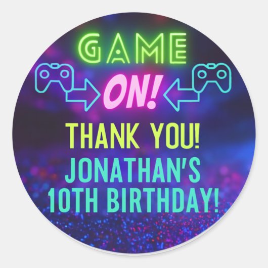 GAME ON! Neon Gaming Sticker – Jonathan’s 10th Bir (Voorkant)