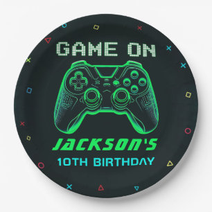 Game On Neon Video Game Verjaardagsfeest Papieren Bordje