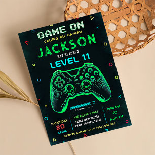 Game On Neon videogeburtigdagspartij uitnodiging 