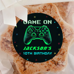 Game On Neon Videospel Verjaardag Ronde Sticker