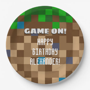 Game On Pixelated Grass Block Gaming Birthday Papieren Bordje