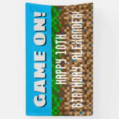 Game On Pixelated Grass Block Gaming Birthday Spandoek (Verticaal)