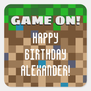 Game On Pixelated Grass Block Gaming Birthday Vierkante Sticker
