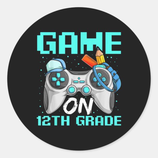 Game On Twelfth Grade Shirts, Funny Gamer Boy Back Ronde Sticker (Voorkant)