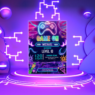 Game On Videogame Neon Verjaardagsfeest Kaart