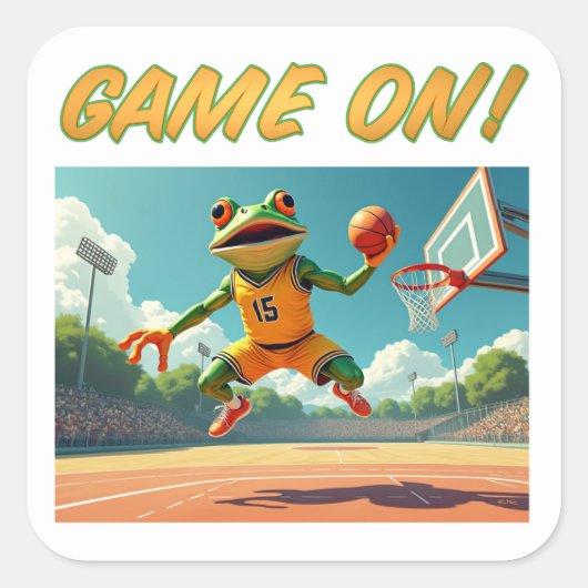 Game Op Basketbal Kikker grote vierkante stickers (Voorkant)
