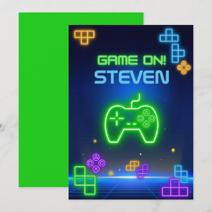 Game op neongroene, blauwe, gele gamer Uitnodiging