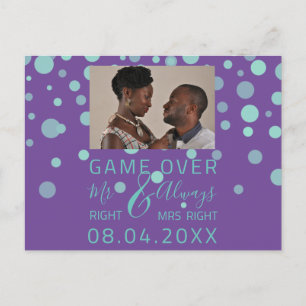 Game over Funny Save the Date Weddenschap Paarse P Briefkaart