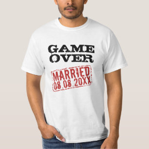Game Over grappig t shirt met trouwdatumstempel