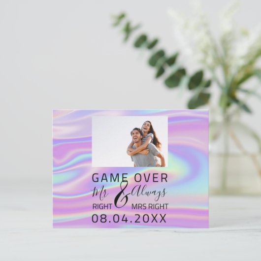 Game over holografisch grappig sparen de datumbrui briefkaart (Staand voorkant)