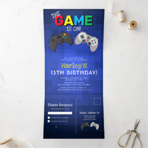 Gamen!   Videospel Verjaardag Drieluik Uitnodiging