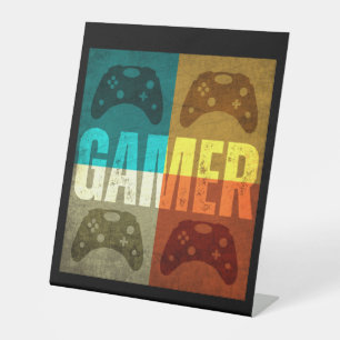 GAMER ANTIEKE VIDEOSPELCONTROLLER RECLAMEBORD MET VOETSTUK