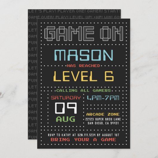 Gamer Arcade jeu vidéo Invitation fête d'anniversa (Devant / Derrière)