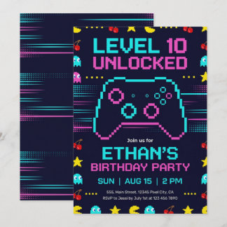 Gamer Birthday Invitation  Pixel Video Game Party Kaart