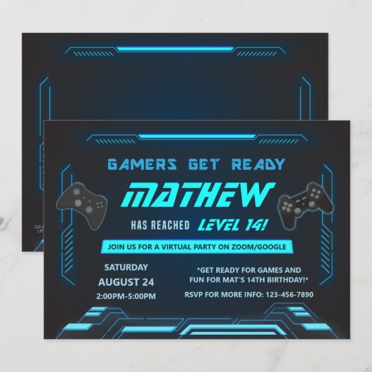 Gamer Blue Virtual Birthday Party Kaart (Voorkant / Achterkant)