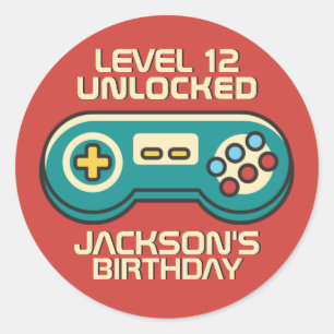 Gamer Boy Level Unlocked Retro Gaming Birthday Ronde Sticker