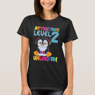 Gamer Boy Penguin Attentie Level 2 Unlocked Gamin T-shirt