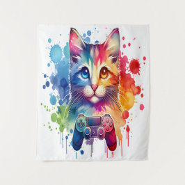 Gamer Cat Delight: Kleurrijke Waterverf Tapestry Wandkleed