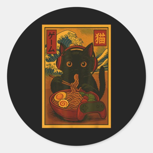 Gamer Cat Eating Ramen Japanese Style Ronde Sticker (Voorkant)