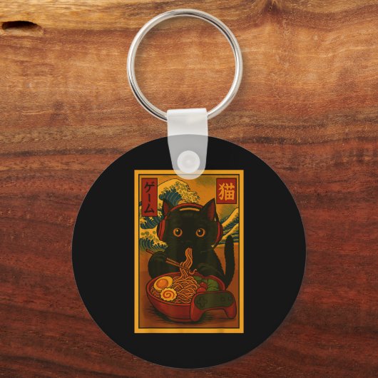 Gamer Cat Eating Ramen Japanese Style Sleutelhanger (Voorkant)