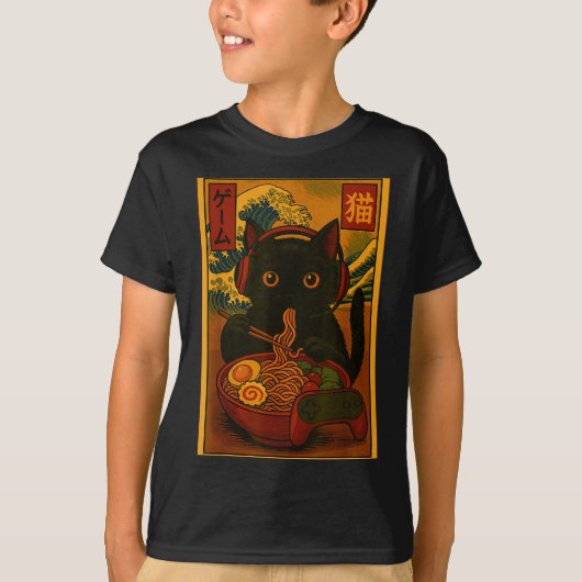 Gamer Cat Eating Ramen Japanese Style T-shirt (Voorkant)