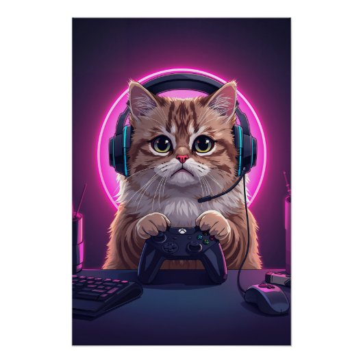 Gamer Cat Kids Poster – Funny Cartoon Kitten (Devant)