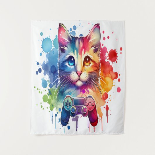 Gamer Chat Delight : Tapisserie couleur aquarelle (Devant)