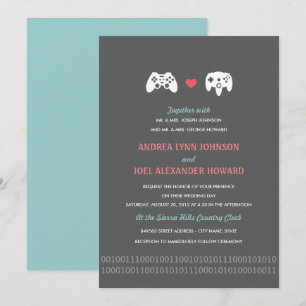 Gamer Controller Love Wedding Invites - Rood & gri Kaart