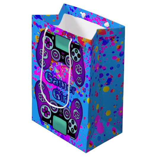 Gamer Girl Party Verjaardag Paint Splash Medium Cadeauzakje (Voorkant Gekanteld)