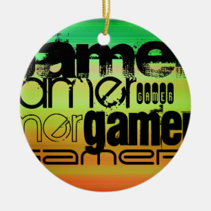 gamer; Levendig groen, Oranje en geel Keramisch Ornament